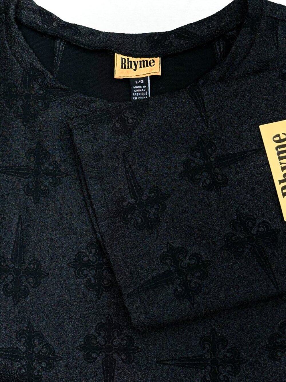 Rhyme Textured Goth Streetwear Tee Men’s L Black Fleur De Lis Cross NWT